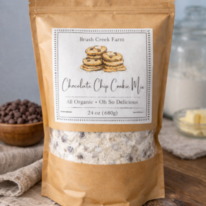 Brush Creek Farms organic chocolate chip cookie mix in resealable kraft paper bag.