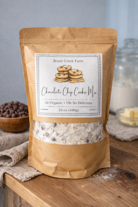 Brush Creek Farms organic chocolate chip cookie mix in resealable kraft paper bag.