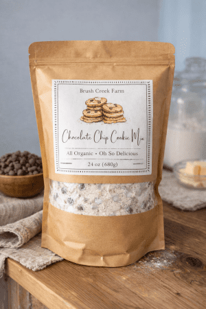 Brush Creek Farms organic chocolate chip cookie mix in resealable kraft paper bag.